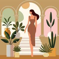 Elegant woman walking through arched architecture with lush potted plants, wearing a striped dress in a warm, minimalist Mediterranean setting. vector
