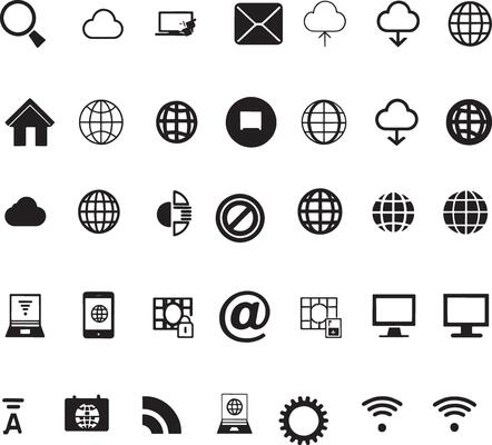 Internet and Cloud Icon Set in Minimal Black Style