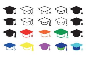 Graduate hat line icons set. Hand drawn university cap in doodle style vector