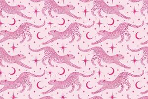 Cute whimsical seamless pattern with pink celestial leopard vector