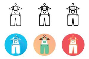 casual overalls for kids, displayed in different colors like orange, green, red, and blue, all hanging on clothes hangers in minimalist line art Labour day or labor day line art icon set vector