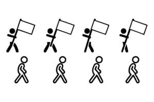 Marching workers carrying flags with different helmet colors and uniform styles, depicted in simple illustration form Labour day or labor day line art icon set vector