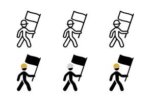 workers carrying flags in various poses, including workers in construction helmets and uniforms, illustrated in line art Labour day or labor day line art icon set vector