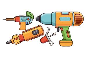 set of power tools, including a drill, screwdriver, and glue gun, on a white background, perfect for construction, DIY, and Labour Day or Labor Day themes vector
