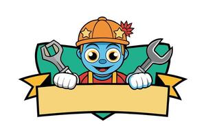 Cartoon labor union emblem with wrench, hammer, and hard hat symbols representing work and teamwork for Labor Day or Labour Day vector
