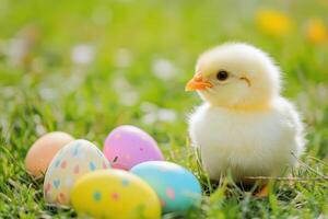 A small baby chick is sitting next to colorful eggs photo