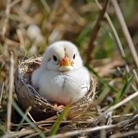 Charming chick rests in its cozy nest in nature photo