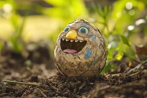 Smiling clay character in a garden setting photo