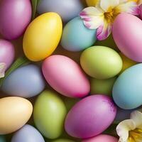 Colorful Easter eggs arranged with flowers photo