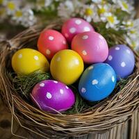 Spring nest with colorful eggs photo