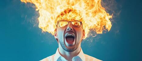 Man with flaming head during performance photo