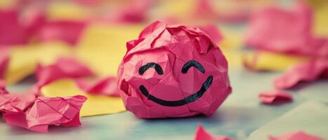 Crumpled paper ball with a smiley face on a table photo