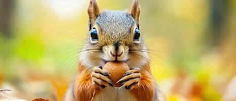 Squirrel holds acorn in autumn forest landscape photo