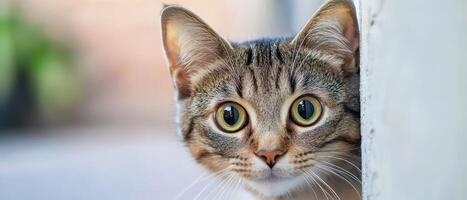 Curious cat peeking around a corner in sunlight photo