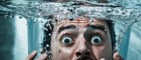 Man underwater surprised making bubbles photo