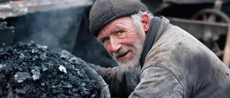 Old man handling coal in a rustic setting photo