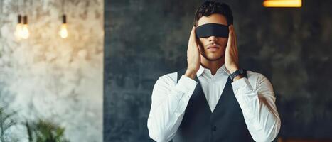 Man with blindfold in a modern indoor setting photo