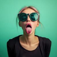 Playful young woman with sunglasses indoors photo