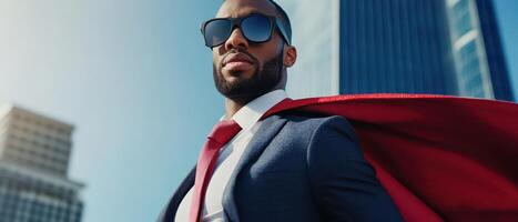 Confident man in suit with cape in city setting photo