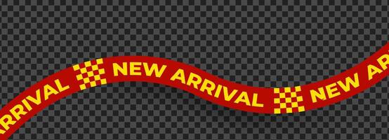 New arrival wavy banner with bold checkered pattern and red yellow design. Dynamic sale tape for product launches, retail ads, store signage. illustration. vector
