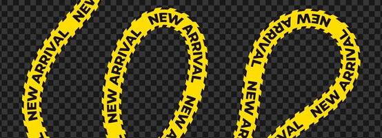 Curved new arrival ribbon banner in yellow with bold black text. Swirled loop tape for product launch promotions, digital ads, and store highlights. illustration. vector
