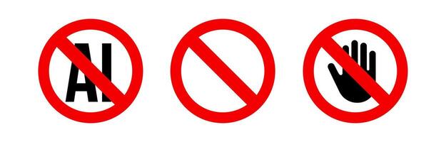 Prohibited AI signs set, red crossed out symbols with hand, stop and restriction icons. Warning technology use ban, digital protest elements. Flat illustration vector