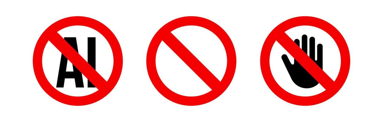 Prohibited AI signs set, red crossed out symbols with hand, stop and restriction icons. Warning technology use ban, digital protest elements. Flat illustration
