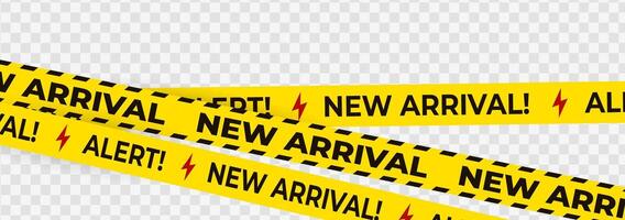 New arrival and alert banner with lightning bolt symbols on yellow tape. Caution-style stripe for store promotions, product launches, and digital ads. illustration. vector