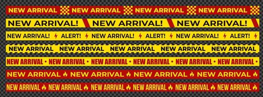 New arrival tape banner collection. Bold promo ribbons with flame, lightning, checkerboard. High contrast warning design for web, ecommerce, UI layout. Flat illustration. vector