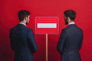 Two men in suits standing before a no entry sign photo