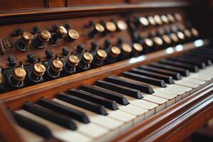 Close up of old organs keys and knobs photo