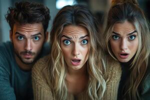Surprised friends reacting in cozy indoor setting photo