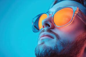 Man in shades against blue background photo