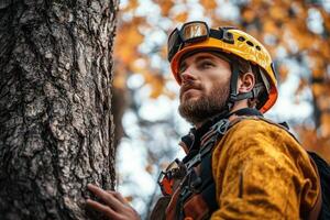 Man in safety gear gazes at tree in autumn setting photo