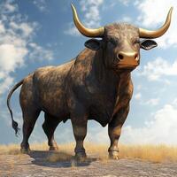 Bull in a field under blue sky photo