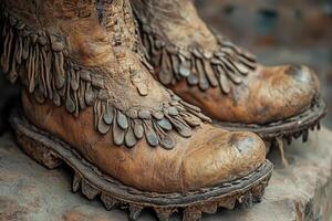 Unique boots on rustic display photo