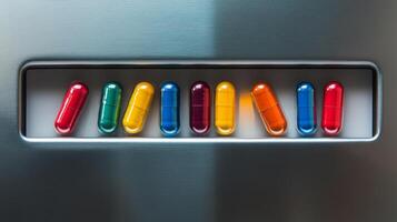 Sleek Silver Medicine Cabinet with Colorful Capsules in a Row photo