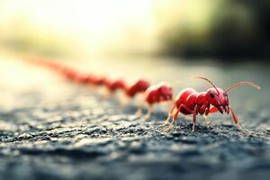 Red ants marching on a sunlit path near a field photo