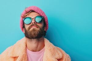 Man in shades poses by blue backdrop photo
