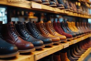 Display of various boots in a shoe store photo