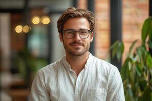 Young man smiling in modern indoor setting photo