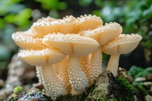 Beautiful mushrooms with dew in a lush forest photo