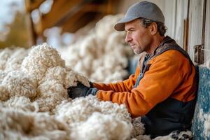 Man sorting wool at a farm in autumn morning light photo