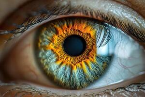 Unique iris with fiery orange patterns photo