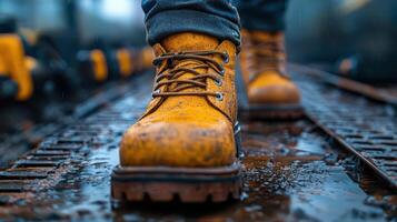 Work boots step through wet construction site photo