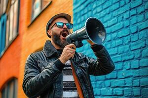 Man with megaphone in city promoting message photo