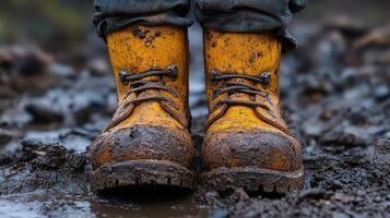 Yellow boots in muddy terrain photo