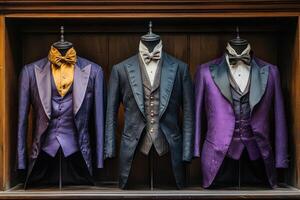 Elegant tuxedos displayed in a boutique setting photo