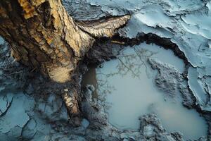Tree stands in muddy ground with stagnant water photo
