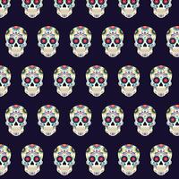 Seamless repeating pattern of skulls with patterns on dark background. vector